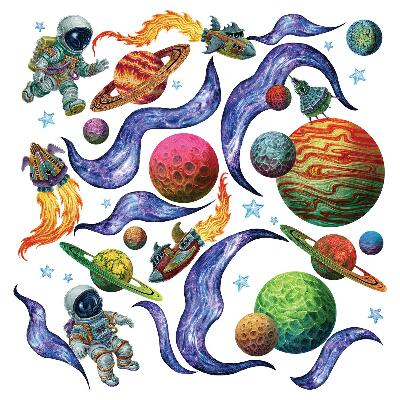 Autocollant mural 100x155 Voyage en fusée spatiale avec des astronautes et des planètes
