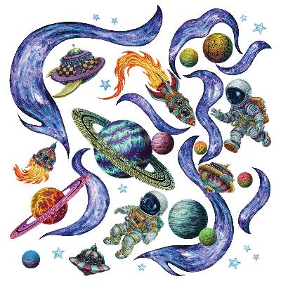 Autocollant mural 100x150 Fusées spatiales d'astronautes dans un style de dessin animé