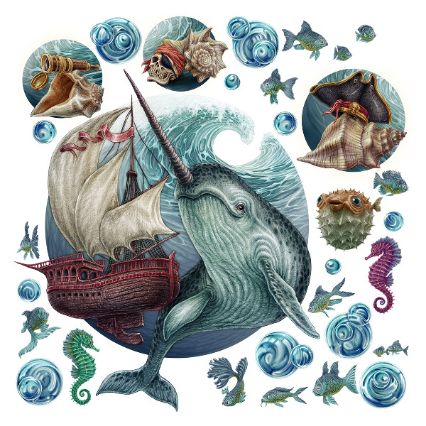 Autocollant mural 100x109 Un pays sous-marin de créatures de dessins animés