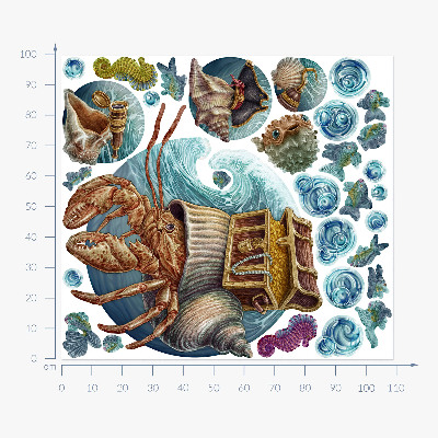 Autocollant mural 100x109 Un conte de fées sous-marin avec des crabes dans un style dessin animé