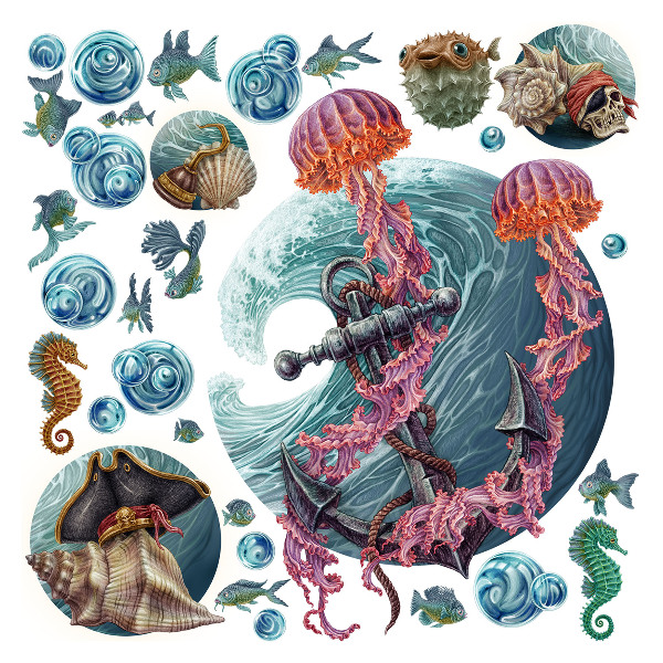Autocollant mural 100x107 Un conte de fées sous-marin avec des méduses de mer dans le dessin