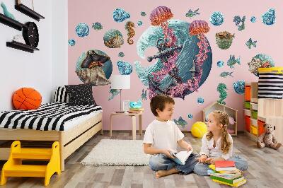 Autocollant mural 100x107 Un conte de fées sous-marin avec des méduses de mer dans le dessin