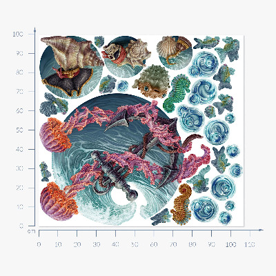Autocollant mural 100x107 Un conte de fées sous-marin avec des méduses de mer dans le dessin