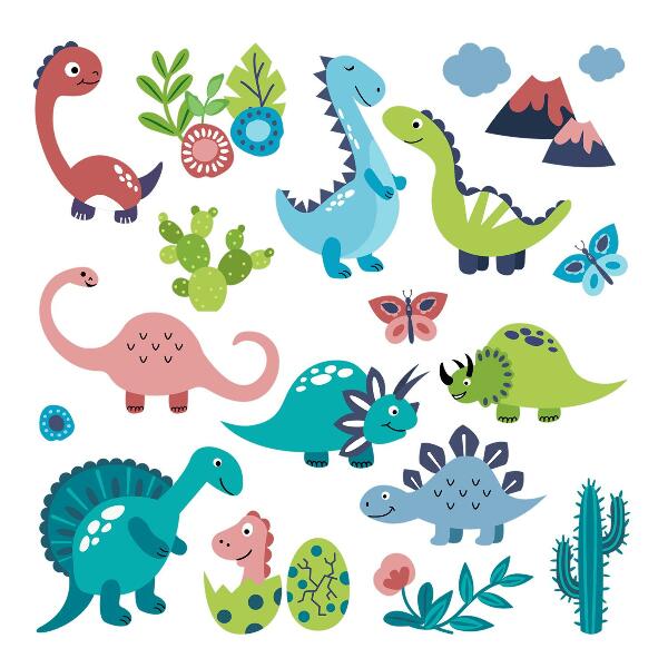 Autocollant mural 100x180 Dinosaures joyeux dans une palette pastel