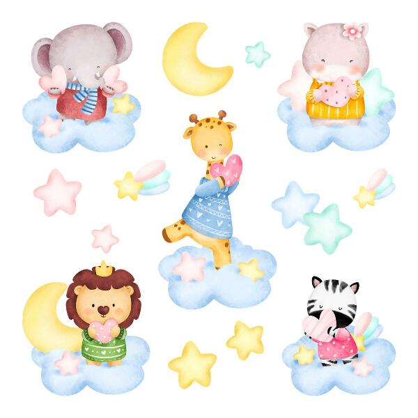 Autocollant mural 100x153 Animaux mignons dans les nuages et les étoiles aquarelle pastel