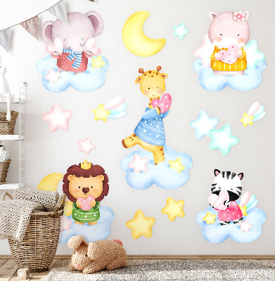 Autocollant mural 100x153 Animaux mignons dans les nuages et les étoiles aquarelle pastel