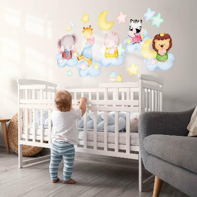 Autocollant mural 100x153 Animaux mignons dans les nuages et les étoiles aquarelle pastel