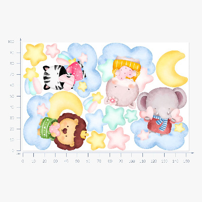 Autocollant mural 100x153 Animaux mignons dans les nuages et les étoiles aquarelle pastel