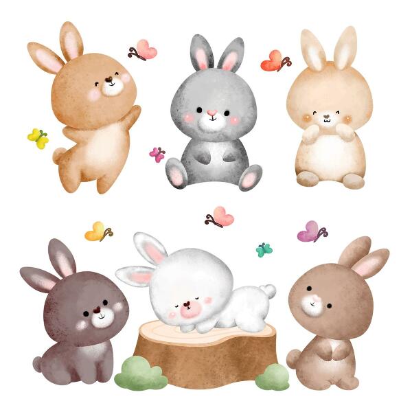 Autocollant mural 100x124 Lapins et papillons pastel dans un style forestier