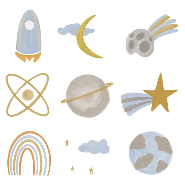 Autocollant mural 100x167 Une illustration spatiale de planètes et d'étoiles aux pastels.