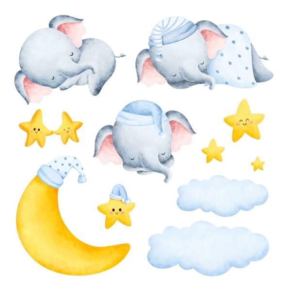 Autocollant mural 100x136 Éléphants et nuages dans un paradis pastel