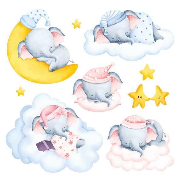 Autocollant mural 100x140 Éléphants et nuages pastel dans un style aquarelle