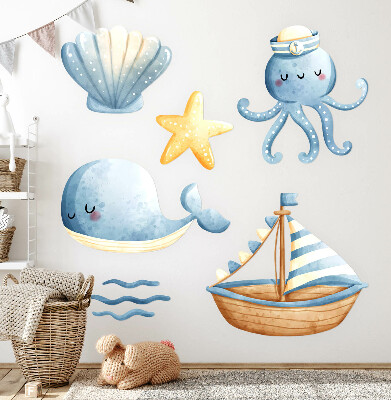 Autocollant mural 100x132 Créatures marines et un bateau à l'aquarelle pastel