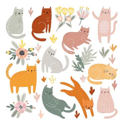 Autocollant mural 100x176 Chats et plantes pastel dans un style bohème