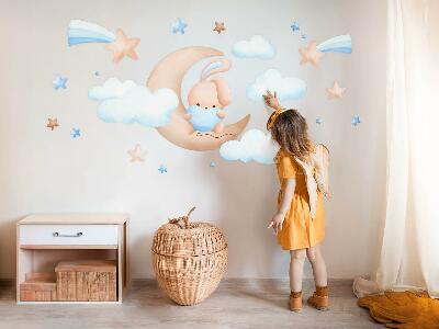 Autocollant mural 100x165 Lapin nuage sur une lune pastel