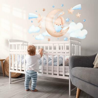 Autocollant mural 100x165 Lapin nuage sur une lune pastel