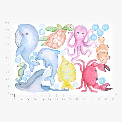 Autocollant mural 100x142 Un monde sous-marin pastel de créatures aquarellées