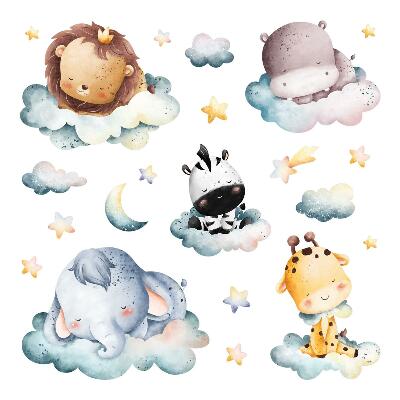 Autocollant mural 100x148 Aquarelle de nuages nocturnes avec des animaux souriants