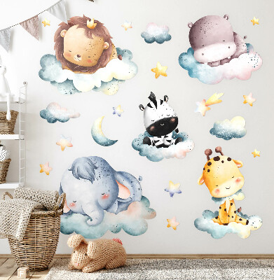 Autocollant mural 100x148 Aquarelle de nuages nocturnes avec des animaux souriants
