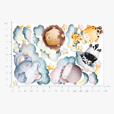 Autocollant mural 100x148 Aquarelle de nuages nocturnes avec des animaux souriants