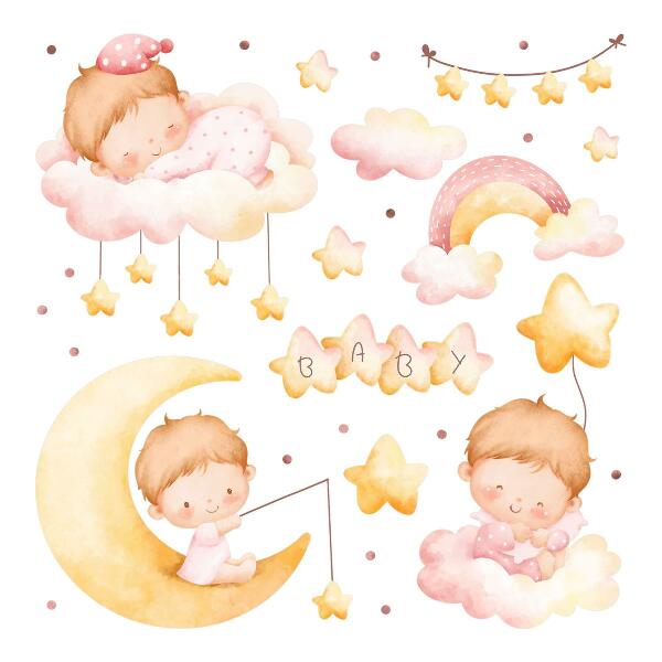 Autocollant mural 100x133 De doux bébés dans les nuages