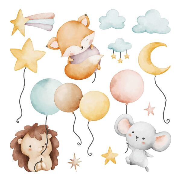 Autocollant mural 100x173 Animaux bohèmes mignons avec des ballons pastel