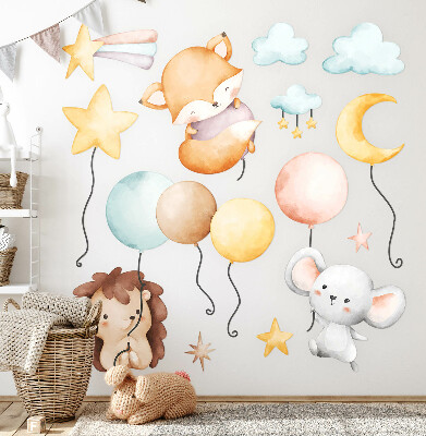 Autocollant mural 100x173 Animaux bohèmes mignons avec des ballons pastel