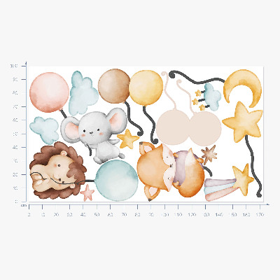 Autocollant mural 100x173 Animaux bohèmes mignons avec des ballons pastel