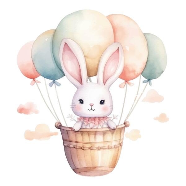 Autocollant mural 100x105 Lapin avec des ballons aux tons aquarelles