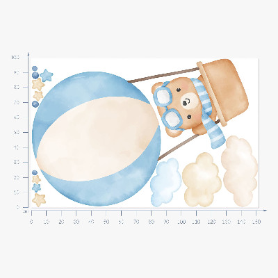Autocollant mural 100x152 Petit ours dans un ballon dans les nuages aquarelle pastel