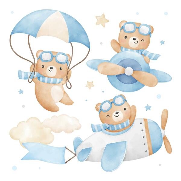 Autocollant mural 100x157 Ours en peluche mignons dans un ciel aquarelle pastel