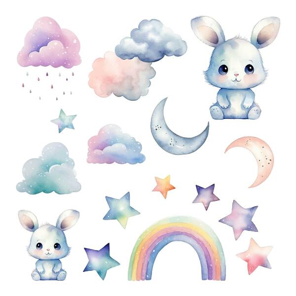 Autocollant mural 100x134 Lapins dans un ciel pastel avec un arc-en-ciel et des étoiles