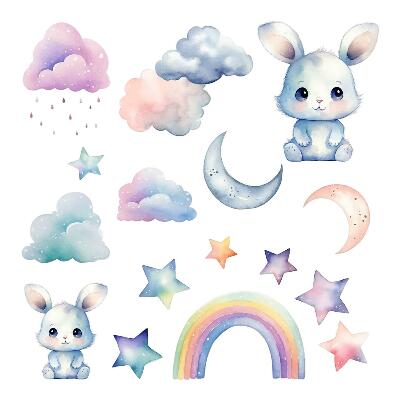 Autocollant mural 100x134 Lapins dans un ciel pastel avec un arc-en-ciel et des étoiles