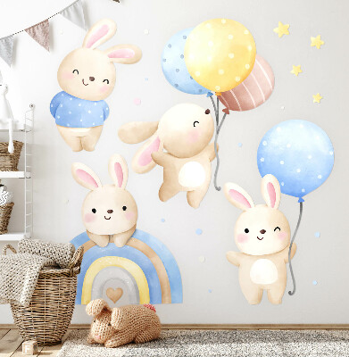 Autocollant mural 100x156 Lapins avec des ballons dans un arc-en-ciel pastel