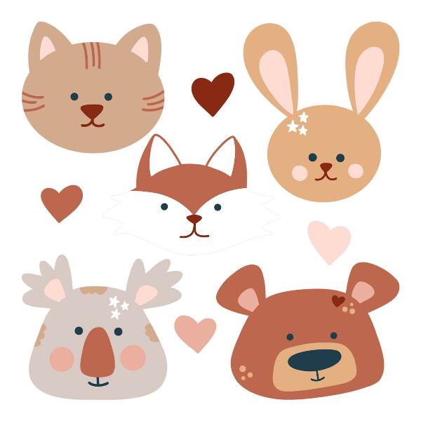 Autocollant mural 100x162 Animaux de la forêt dans des cœurs pastel bohèmes