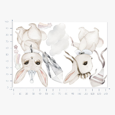 Autocollant mural 100x143 Lapins avec des cerfs-volants dans un style bohème pastel