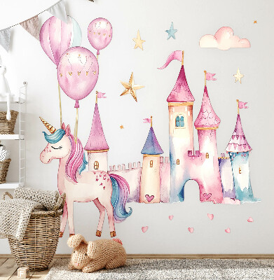 Autocollant mural 100x137 Château de licorne dans un style aquarelle pastel