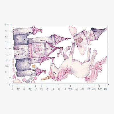Autocollant mural 100x164 Aquarelle pastel avec une licorne et un château