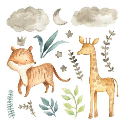 Autocollant mural 100x165 Plantes et safari aux tons pastel