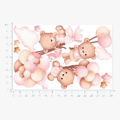Autocollant mural 100x154 Ours en peluche mignons avec des ballons à l'aquarelle pastel