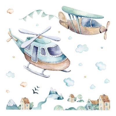 Autocollant mural 100x145 Hélicoptère et avion dans une ville pastel