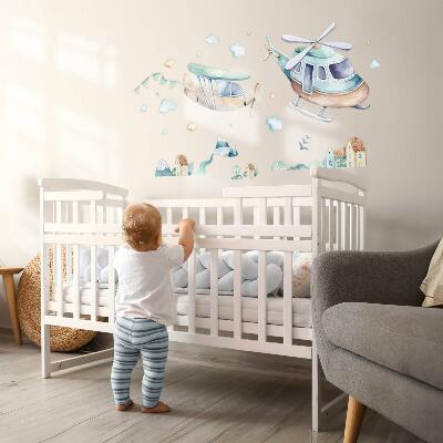 Autocollant mural 100x145 Hélicoptère et avion dans une ville pastel