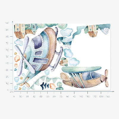 Autocollant mural 100x145 Hélicoptère et avion dans une ville pastel