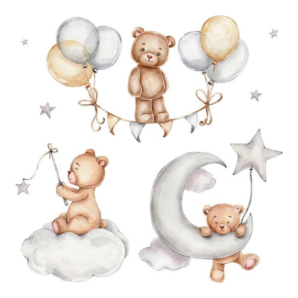 Autocollant mural 100x146 Ours en peluche et ballons pastel dans un style aquarelle