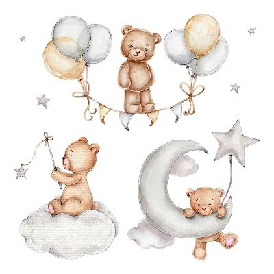 Autocollant mural 100x146 Ours en peluche et ballons pastel dans un style aquarelle