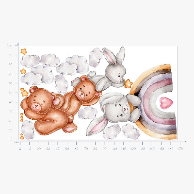 Autocollant mural 100x168 Ours en peluche et lapins pastel à l'aquarelle