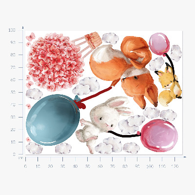 Autocollant mural 100x127 De mignons animaux en ballon dans un ciel pastel