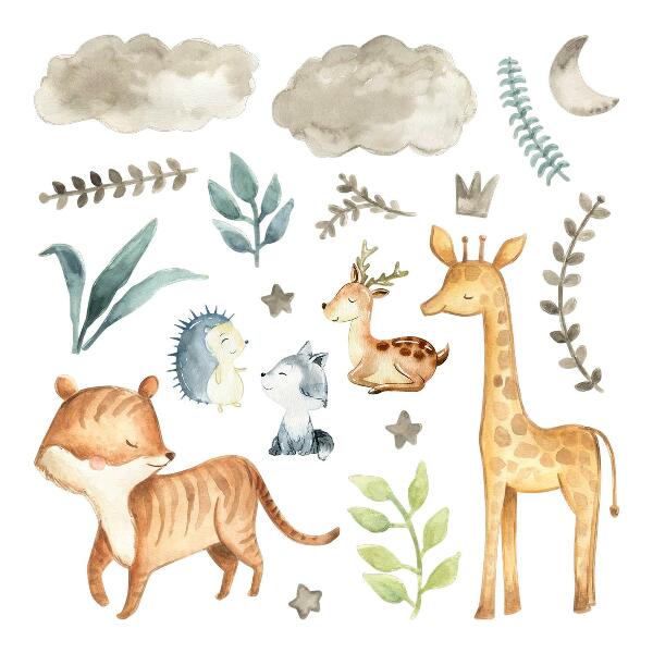 Autocollant mural 100x168 Animaux et plantes dans un style aquarelle pastel délicat