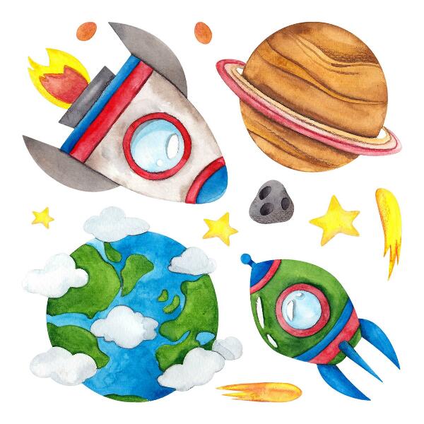 Autocollant mural 100x169 Aquarelle spatiale avec fusées et étoiles