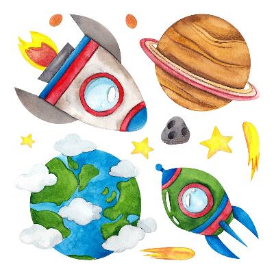 Autocollant mural 100x169 Aquarelle spatiale avec fusées et étoiles